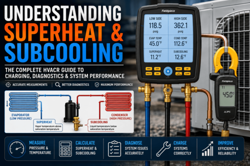 Superheat and subcooling measurements on an HVAC air conditioning system using digital gauges.