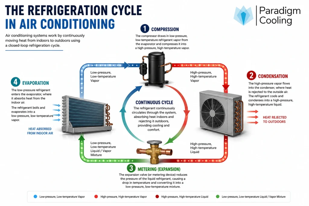 Air conditioning refrigeration cycle showing compressor, condenser, metering device and evaporator