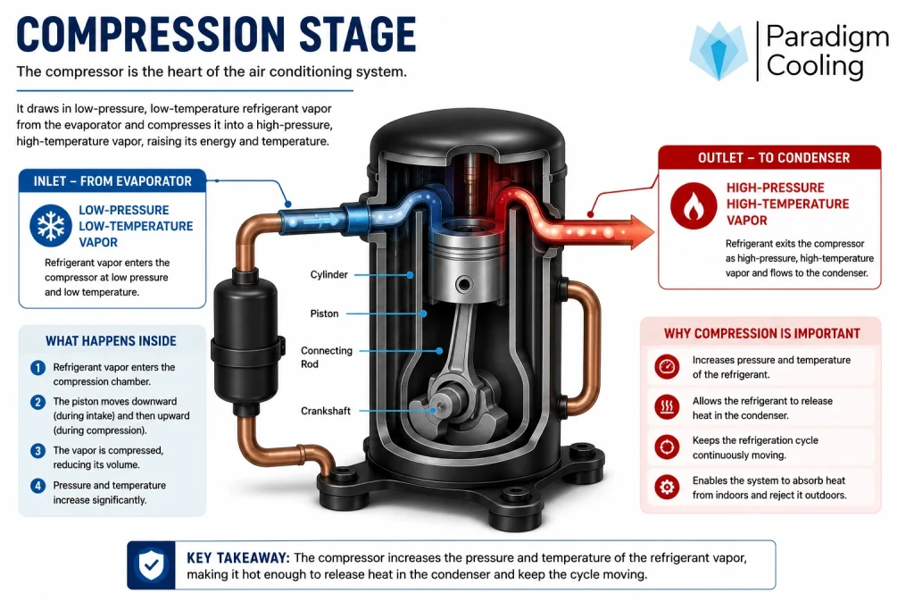 Compressor increasing refrigerant pressure in an air conditioning system