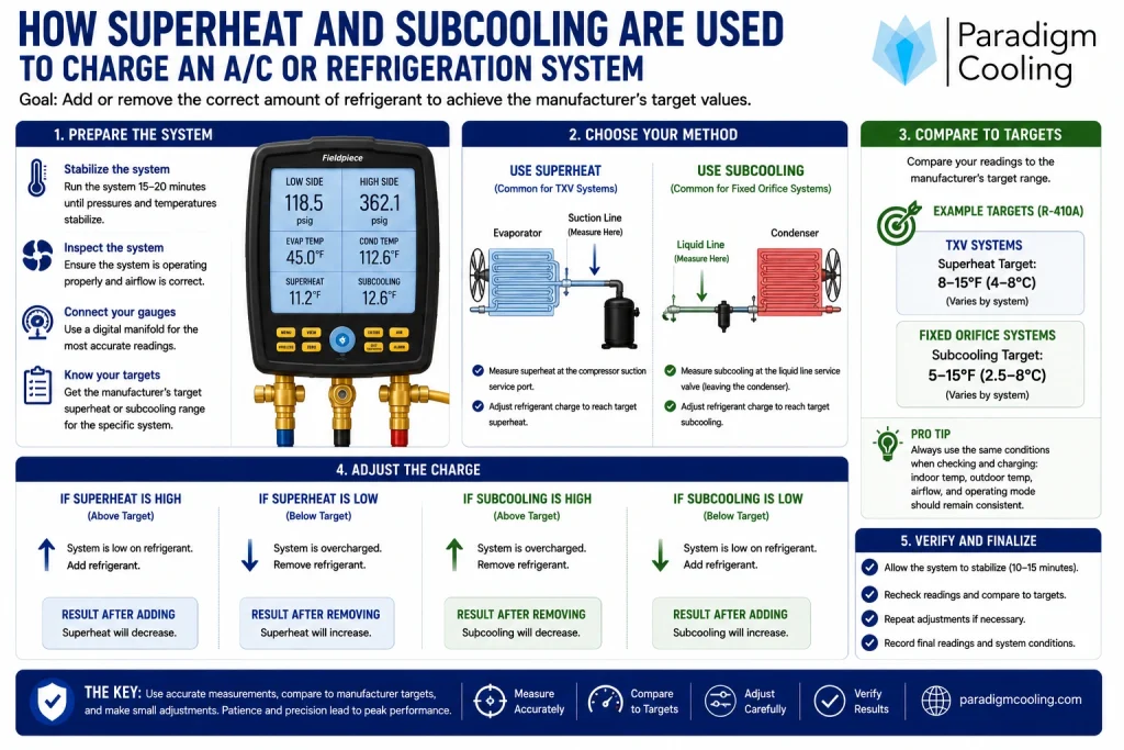 HVACR diagnostic chart showing how superheat and subcooling values are used to identify common system faults.