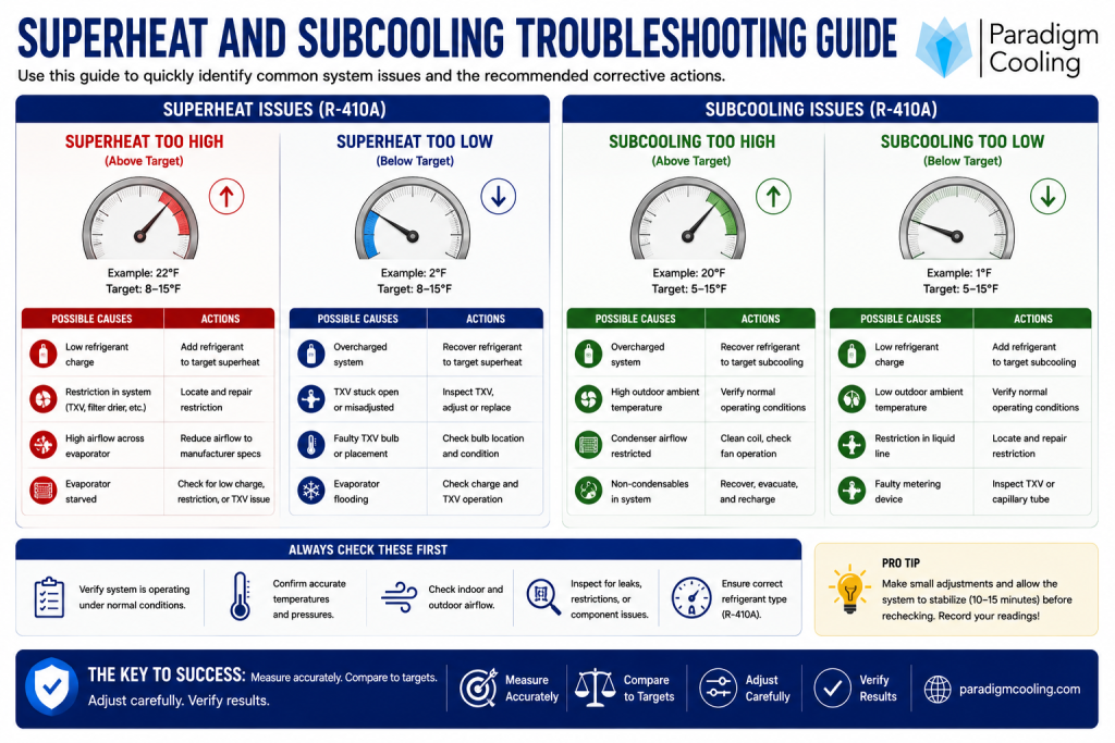 Comparison infographic showing the causes, symptoms, and performance effects of high and low subcooling conditions.