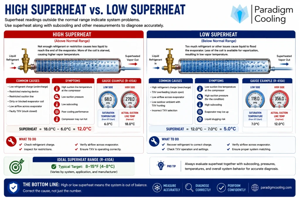 Comparison infographic showing the causes, symptoms, and diagnostic indicators of high and low superheat conditions.