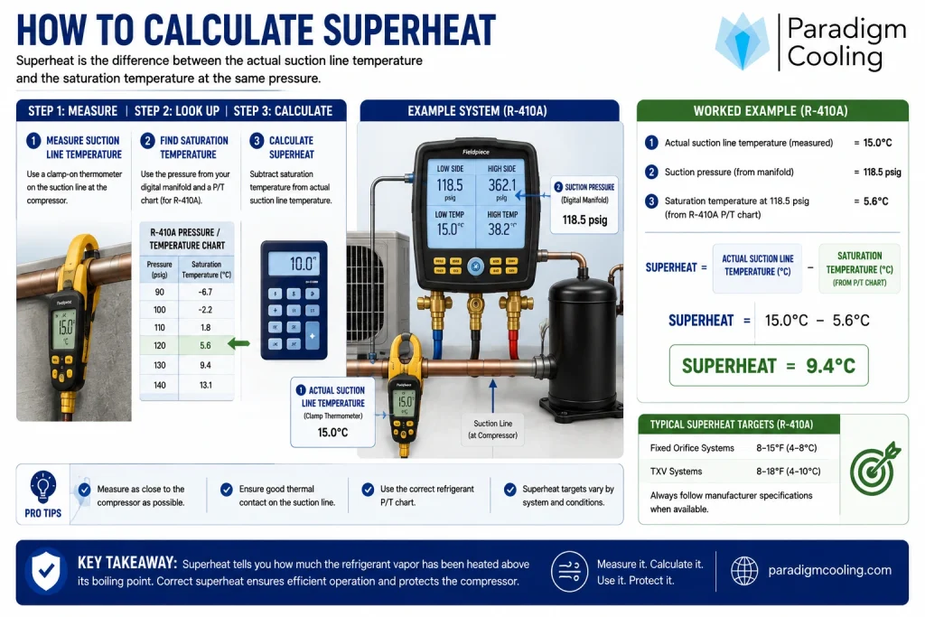 HVAC technician calculating superheat using suction pressure, saturation temperature, digital gauges, and temperature probes.