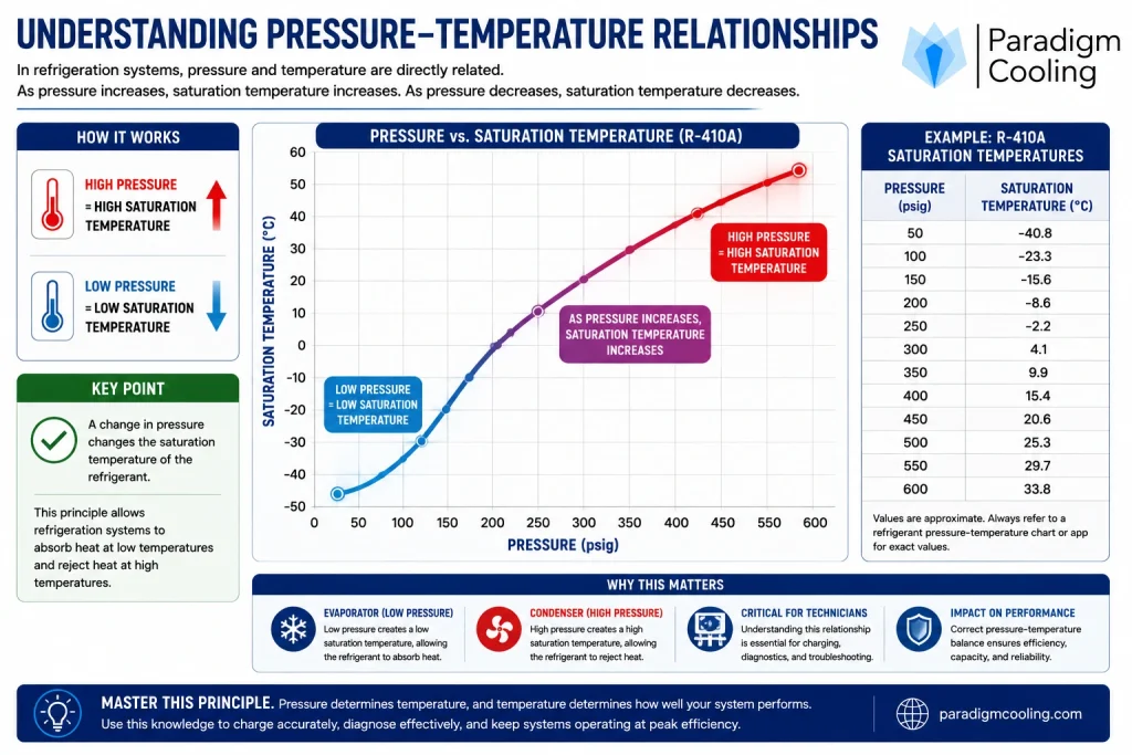 Pressure-temperature relationship chart showing how refrigerant saturation temperature changes as system pressure increases or decreases.