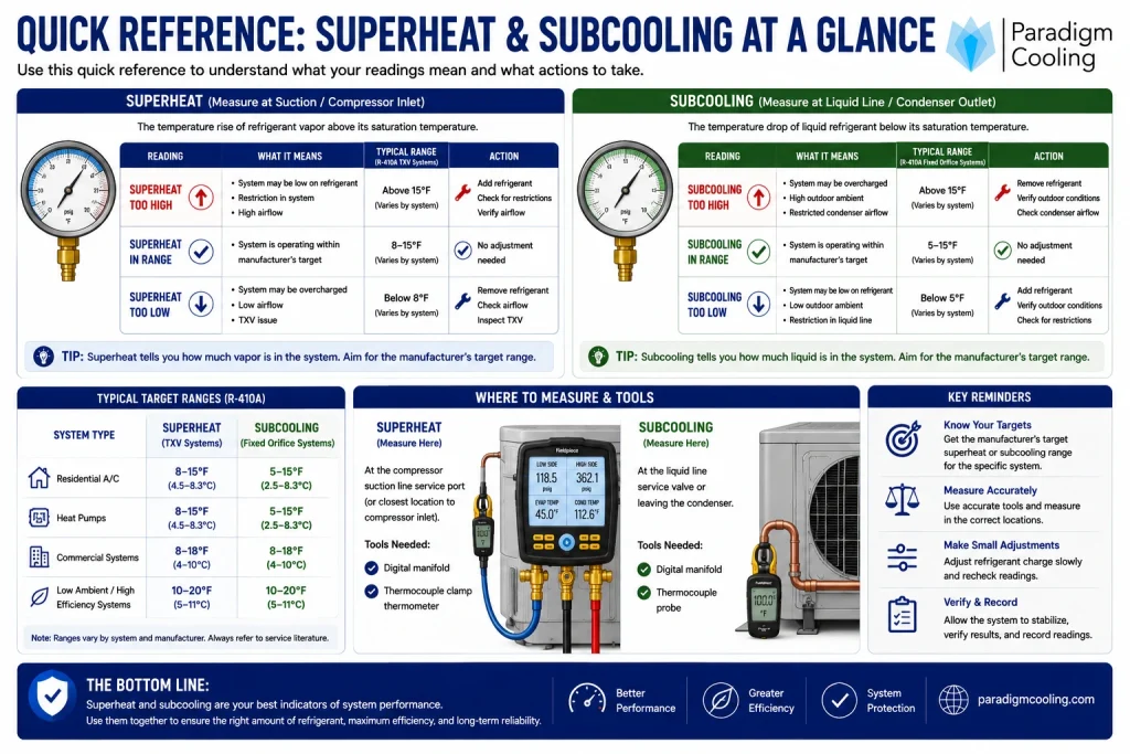 Side-by-side comparison of superheat and subcooling measurements used for HVACR diagnostics and refrigerant charging.