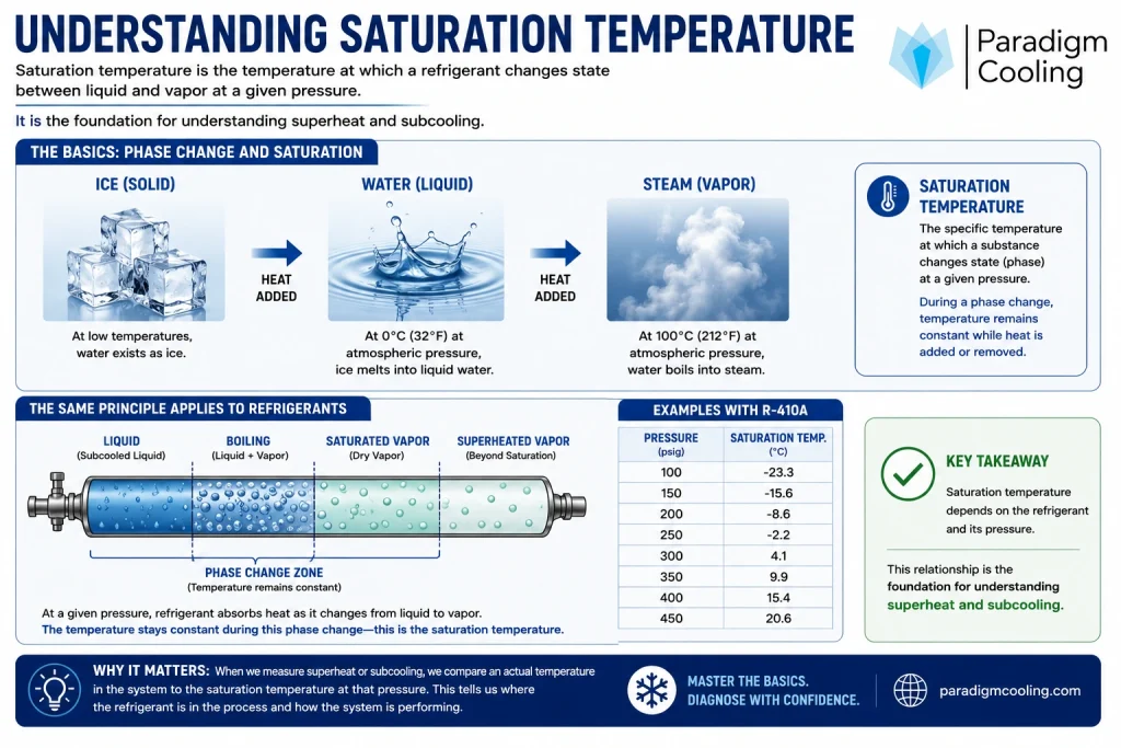 Infographic explaining saturation temperature and refrigerant phase changes between liquid and vapor in refrigeration and air conditioning systems.