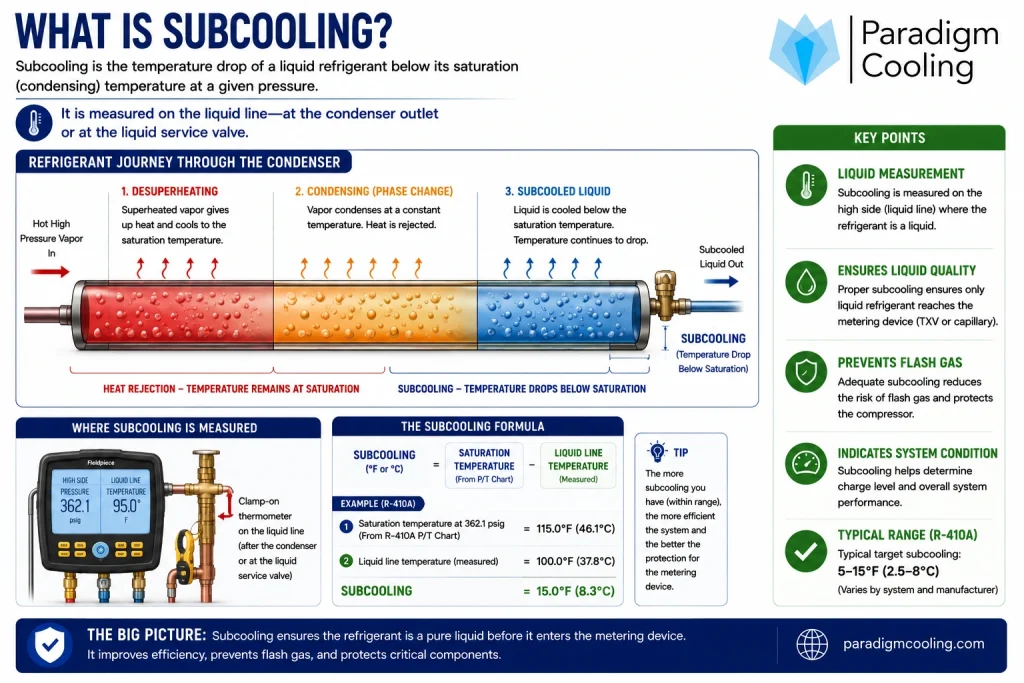 Condenser diagram illustrating refrigerant subcooling and liquid refrigerant temperature below saturation temperature.